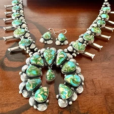 Navajo Sonoran Gold Turquoise Squash Blossom Necklace Set Sign Kee Johnson 154g