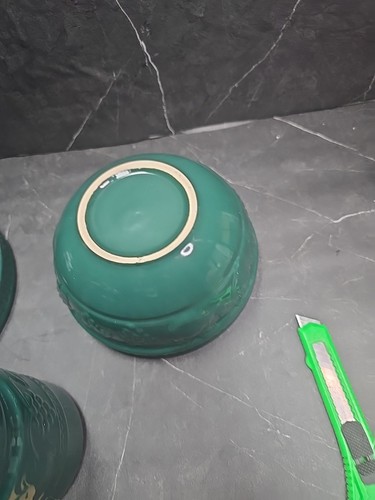 Lot Of 2 Heavy Ceramic nesting bowls dark Green Raised Fruit Design Canaster - Picture 7 of 8