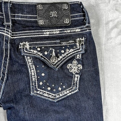 Miss Me Jeans Womens 28 Straight Dark Wash Studded Flap Pocket Stretch