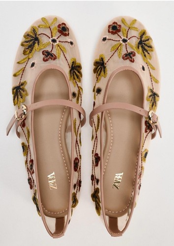 Zara FLORAL EMBROIDERED MESH BALLERINAS - Picture 6 of 10