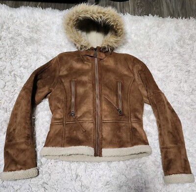 Levi s Trucker Jacket Womens Suede Sherpa Lined Camel Beige Goat Size Large 