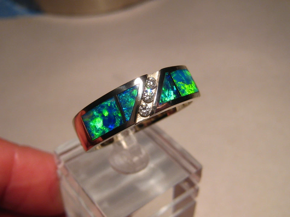 Men's  Opal  Diamond Ring , Solid 14 k White Gold ,  size 12 , B5 Brightness - Image 2 of 4