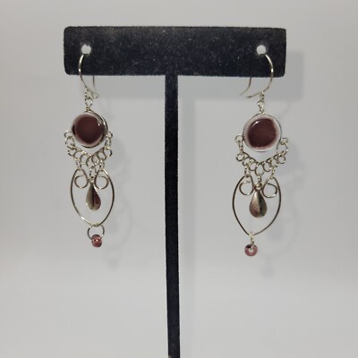 Earrings Pierced Violet Round Silver Wire Glass Dangle Hook Wire