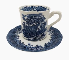 Anne Hathaway Cottage Meakin Romantic England Teacup Saucer Blue White Set