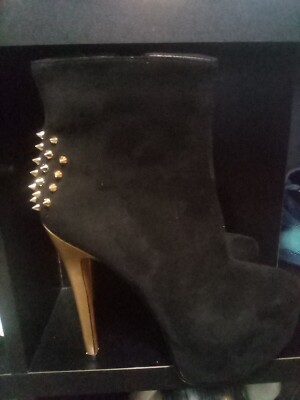 Womens Stiletto Zip Black Ankle boots Suede  Pumps  Heel Platform w/ gold studs 