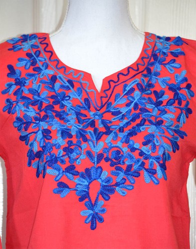 Blau bestickt rot Farbe Long Baumwolle Tunika Top Kurti aus Indien!! - Bild 5 von 5