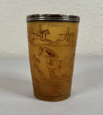 Antique English Georgian Horn & Silver Beaker Cup Horse Rider Fox Hunt 19th C.