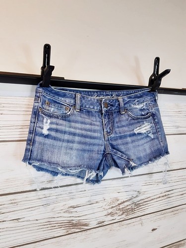 American Eagle Jean Denim Womens Shorts Size 4 Blue Distressed Raw Hem - Picture 3 of 5