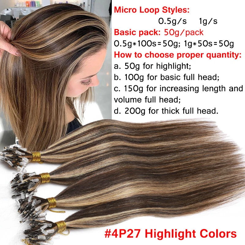 Micro Ring Loop Tips Real Remy Human Hair Extensions Micro Beads Link Full Head - Image 3 of 4