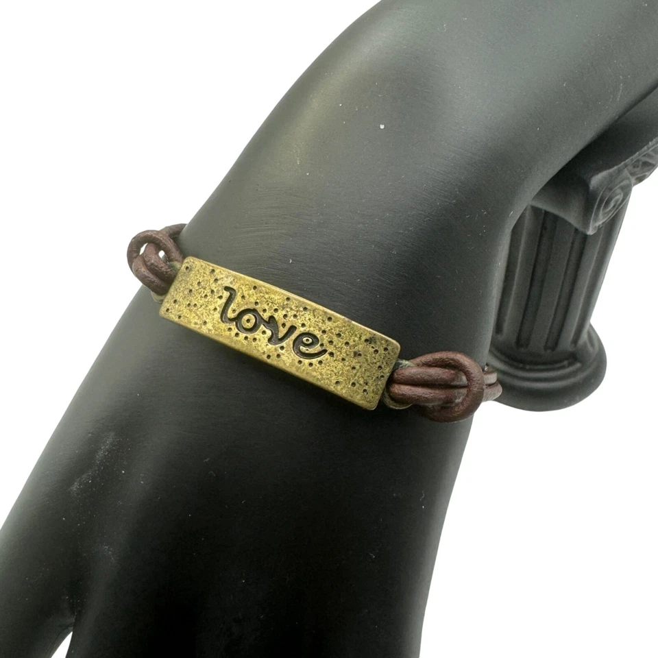 Bronze "Love" Bracelet With Brown Leather Cord & Adjustable Chain - Image 2 of 4