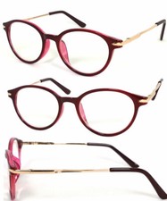 Round Vintage Style Clear Lens Reading Glasses Burgundy Frame Spring Temples