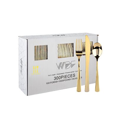 WDF300 Pieces Gold Plastic Silverware Disposable Gold Cutlery Set Plastic Gol...