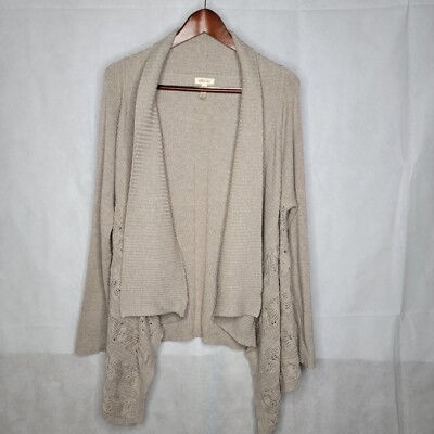 Matilda Jane Lets Get Away Cardigan Beige Knit Crochet Waterfall Hanky Hem L