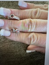 Sterling Silver Set Red Garnet Solitaire Band Ring And Earrings 925 Size 5.5