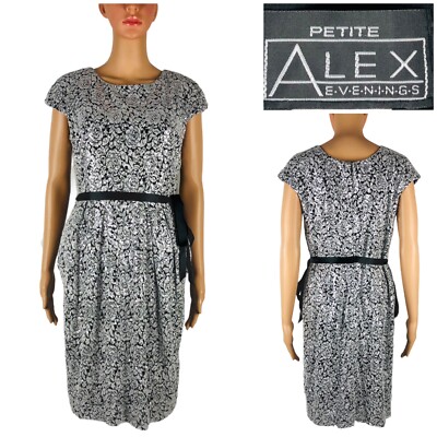 Alex Evenings Womens 10P Petites Dress Silver Sequin Shiny Floral Belted EUC