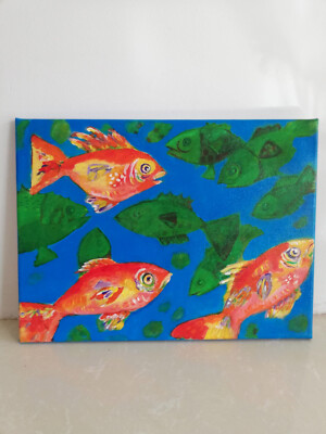 Original Naive Volkskunst Acryl Gemälde auf Leinwand - bunte Fische