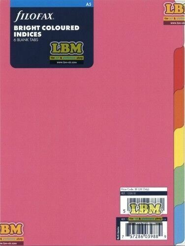 Filofax A5 size Bright Coloured Index (6-Part Blank Tab) Divider Refill 132618