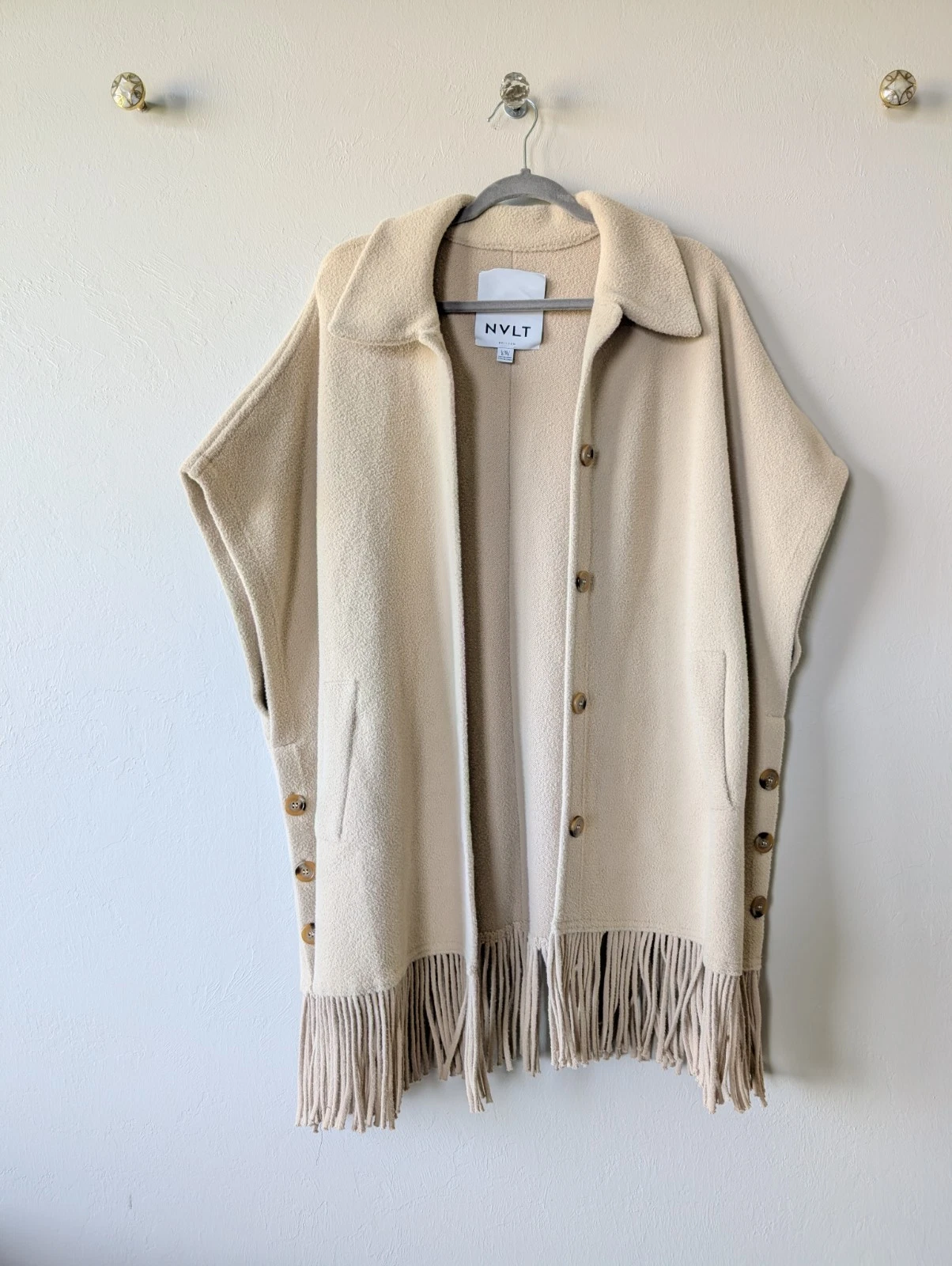 NVLT Anthropologie Cream Cape Cardigan Wrap Poncho Fringe Collared Size L/XL