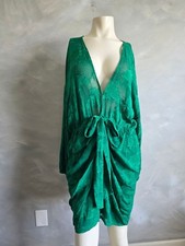 ASOS Design Green Floral Jacquard Plunge Faux Tie Front Mini Dress Sz 14 Balloon