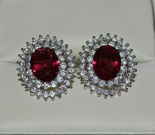 2Ct Oval Cut Halo Lab Created Red Ruby Stud Earrings 14k White Gold Plated