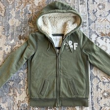 Abercrombie  Fitch Faux Fur Hoodie Full Zip Olive Green Vtg Y2K Stitch Logo L