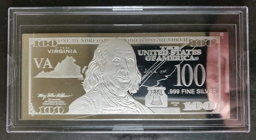 The Federated Mint Proof 1oz Silver Virginia $100 Franklin Bar in Capsule
