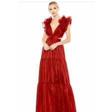 NWT Mac Duggal Style 49528 Fall Ruffled Shoulder Tiered Gown Wine Red 6