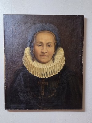 European Oil Portrait Noblewoman Ruff Collar Old Master Style Painting