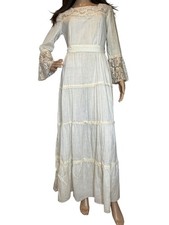 Vintage 70s Ivory Boho Praire Cottagecore Tiered Maxi Dress Crochet Bell Sleeves