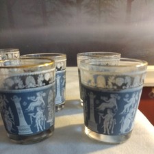 8 Jeannette Glass Hellenic  shot  glasses  with  metal caddy - Blue Corinthian 
