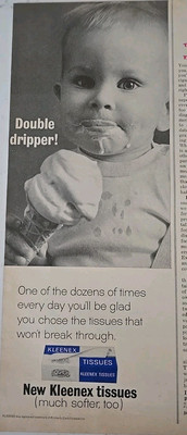 1964 Kleenex tissues baby boy eats double dripper ice cream cone vintage ad