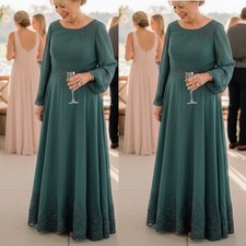 Teal Green Mother of The Bride Dress Round Neck Long Sleeve Wedding Evening Gown