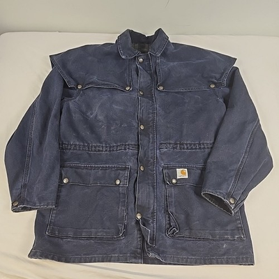 #ad Vintage Carhartt Jacket Mens Large Navy Chore Coat Duster Flannel Lined CW083 $110.00