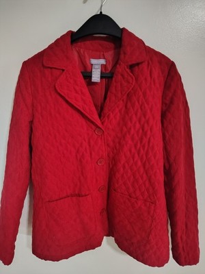 Laura Scott Women's Red Quilted Blazer Jacket Diamond Pattern Button Up Size L