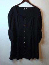 ASOS Black Ruched 3/4 Sleeve Faux Button Front Dress Academia Romantic Size 20