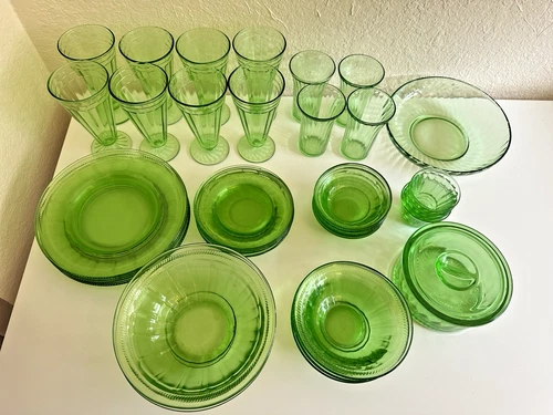 40 piece Uranium Green Depression Glass Glasses Plates Bowls 1930s Hazel Atlas