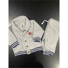 Janie and Jack Grey Jogger Set with Navy Trim and Dog Embroidery 3-6 mo