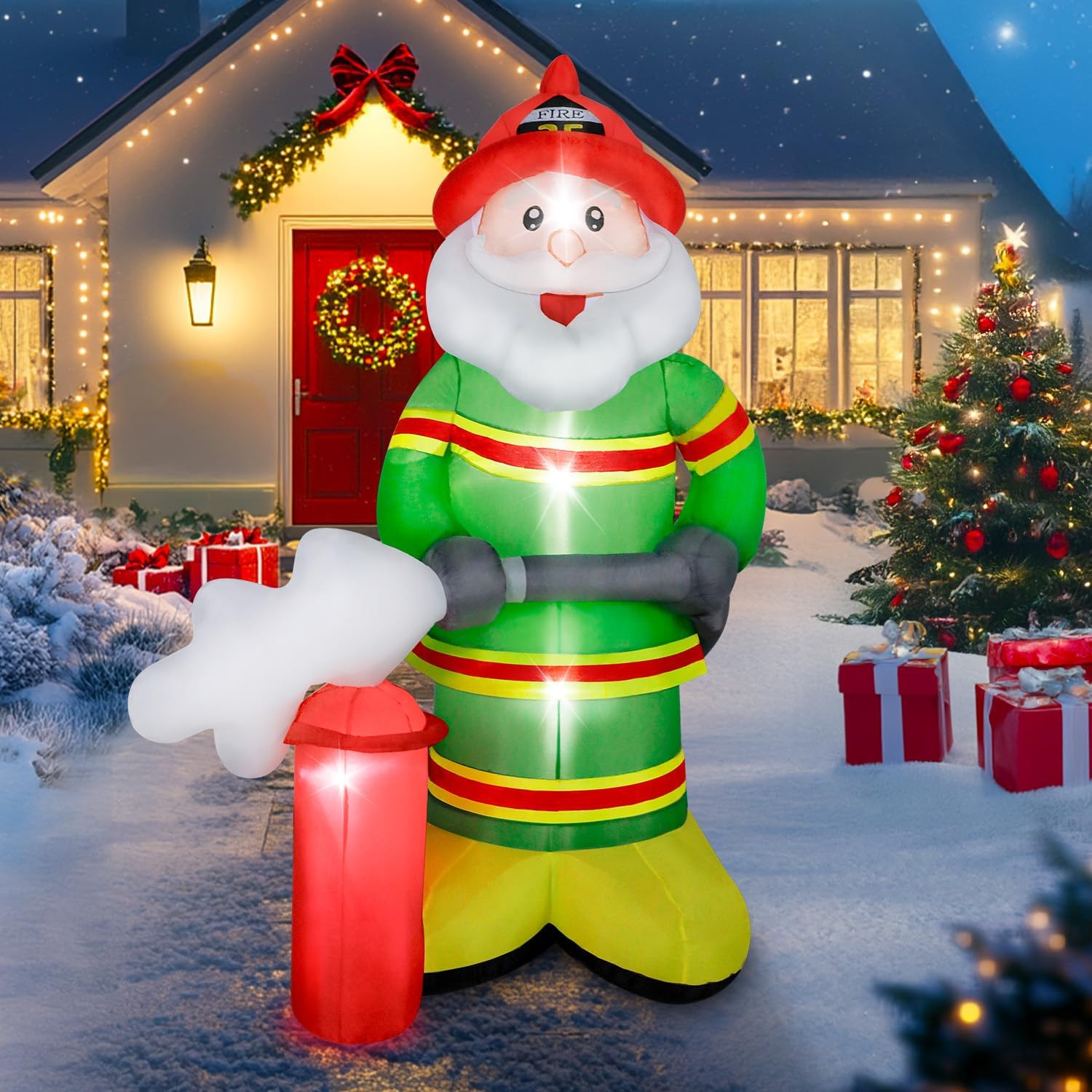 7FT Christmas Inflatables Firefighter Santa 2025 NEW LED Outdoor Decoration