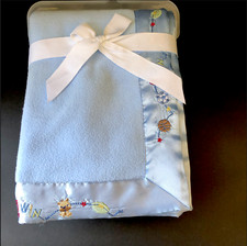New Carters Child of Mine Plush Baby Blanket Blue Satin Trim Sports Animals