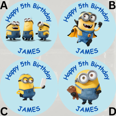    70 X Custom Round Minions Kids Birthday Party Stickers Personalised   