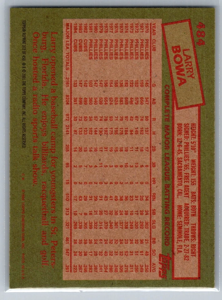 2001 TOPPS ARCHIVES BASEBALL 372 LARRY BOWA CUBS - Image 2 of 2