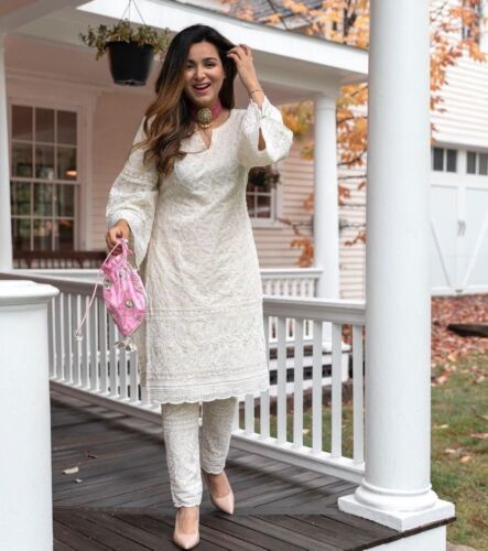 White Lucknavi Chikankari Straight Cotton Kurta with Bell Sleeves and Pant set