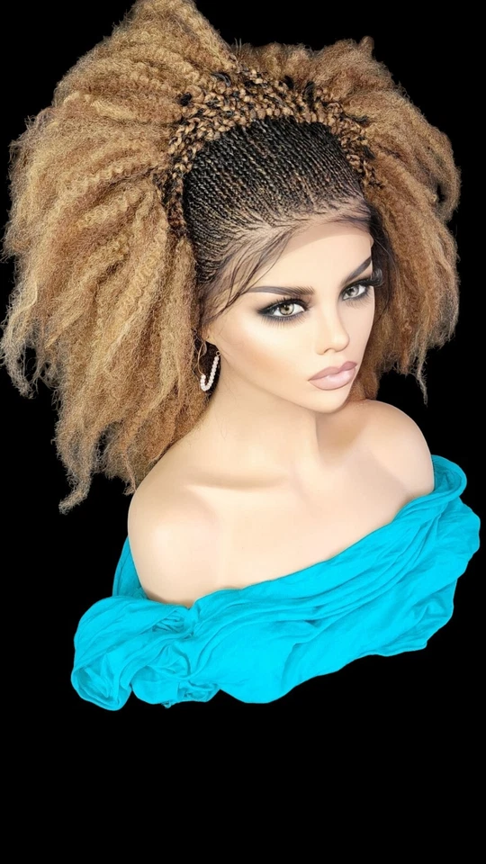 Парик ручной работы в афро-стиле — короткий вьющийся плетеный кружевной спереди, яркий омбре блондинка - Изображение 4 из 4