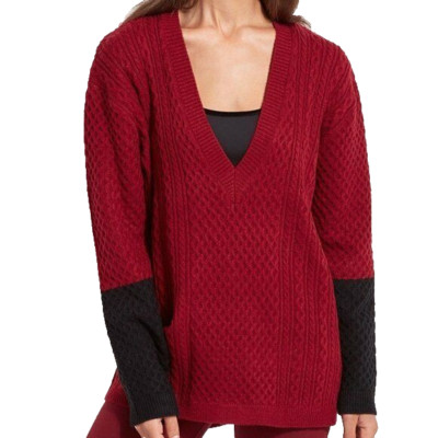 Lysse Lily Color Block Sweater Size Medium V Neck Pullover Ruby Red Cable Knit