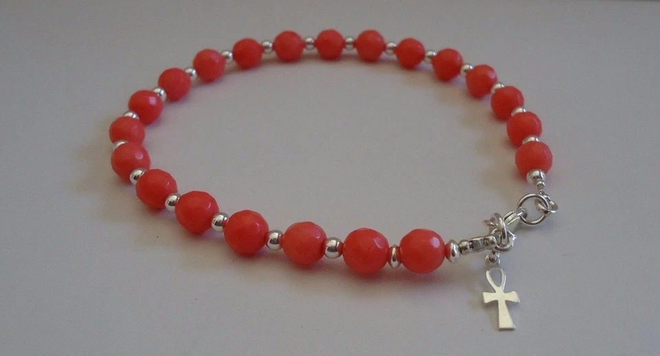 PULSERA PULSERA PLATA ESTERLINA 925 CON CORAL ROJO Y SEMILLAS BRILLANTES/8""/ BLOQUEO LANGOSTA Foto 2 de 4