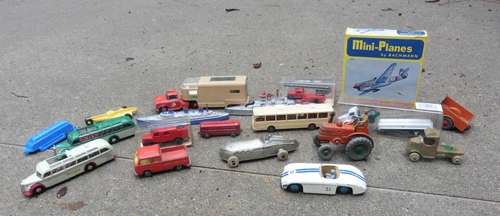 Vintage Lot 18 Die Cast Plastic Vehicles Ships Plane Dinky Wiking Siku Tootsiety