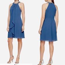 SLNY Beaded Halter Chiffon Dress 12P Petite Wedgewood Blue NWT Cocktail