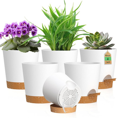 4 Inch Self Watering Pots for Indoor Outdoor Plants, 6 Pack Plastic Flower Plant