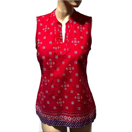 Talbots rote ärmellose Bluse Gr. S Small Biesen Schlitz Ausschnitt Oberteil bedruckt