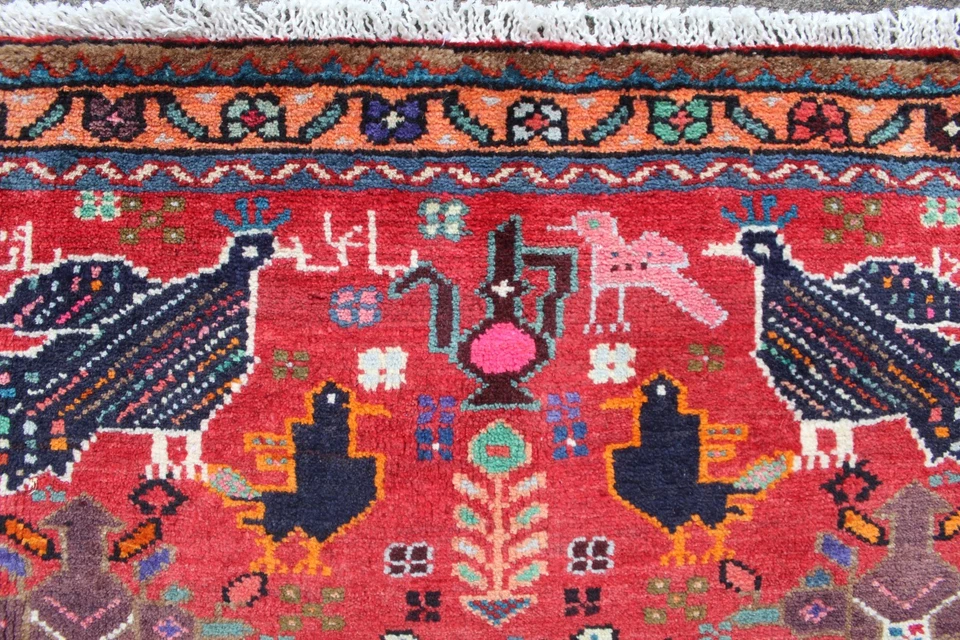 Vintage Hand Made Traditional Oriental Wool Red Small Rug 55x84cm Animal Bird - Image 3 of 4